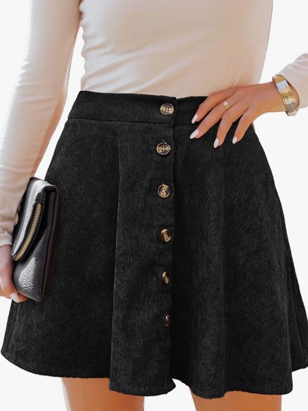 Black A-Line Corduroy Skirt with Pockets